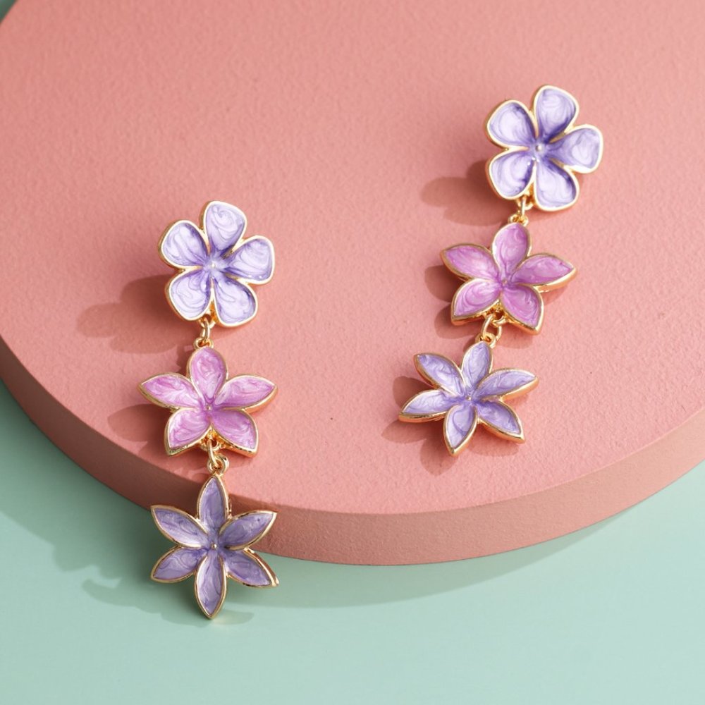 Three Tier Lilac Purple Floral Flower Drip Oil Enamel Drop Earrings NEW - Picture 4 of 4